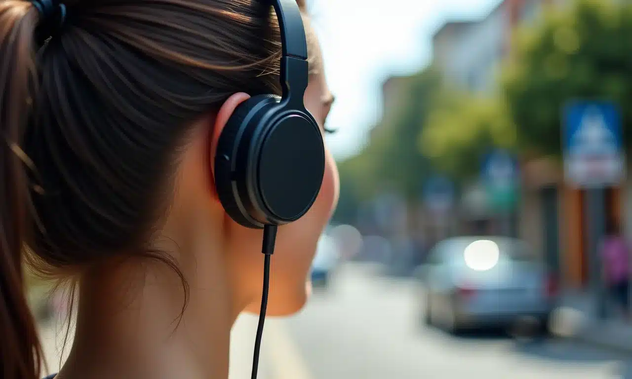 Ouvido com fones e ondas de rádio, representando a exposição recente à música.