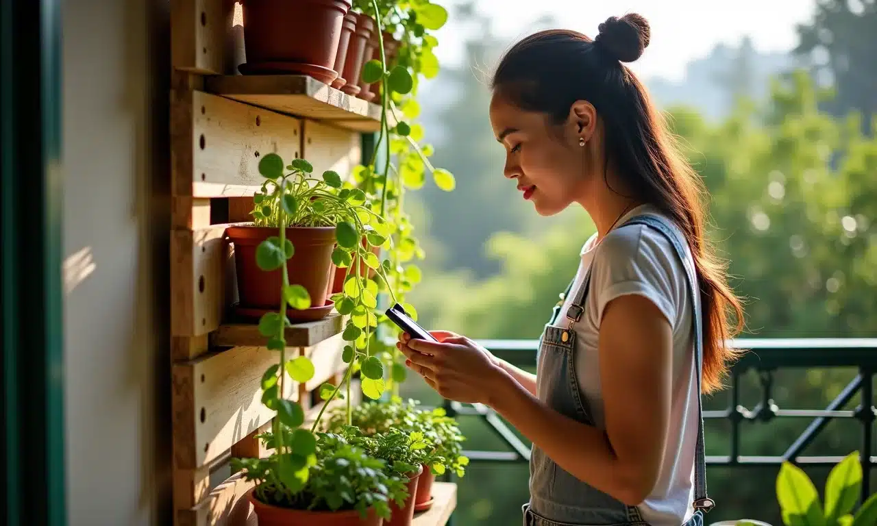 Painel vertical de paletes com horta em varanda ensolarada e mulher cuidando das plantas.