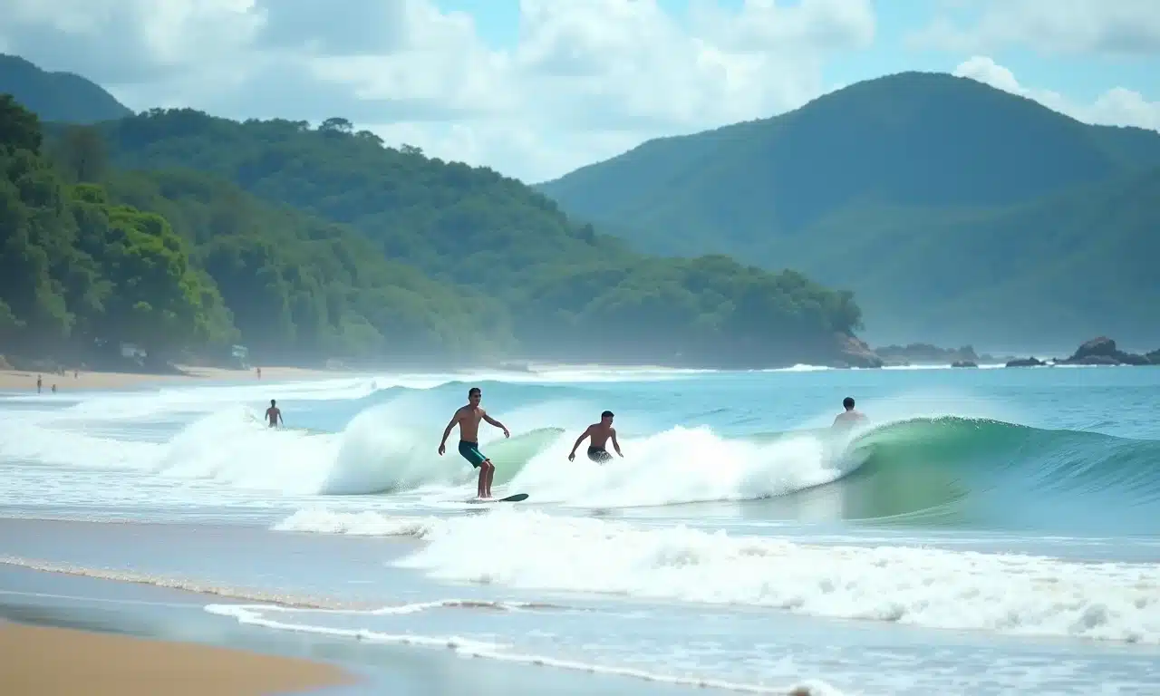 Paraíso dos surfistas: Praia de Itamambuca em Ubatuba com surfistas e montanhas verdes.