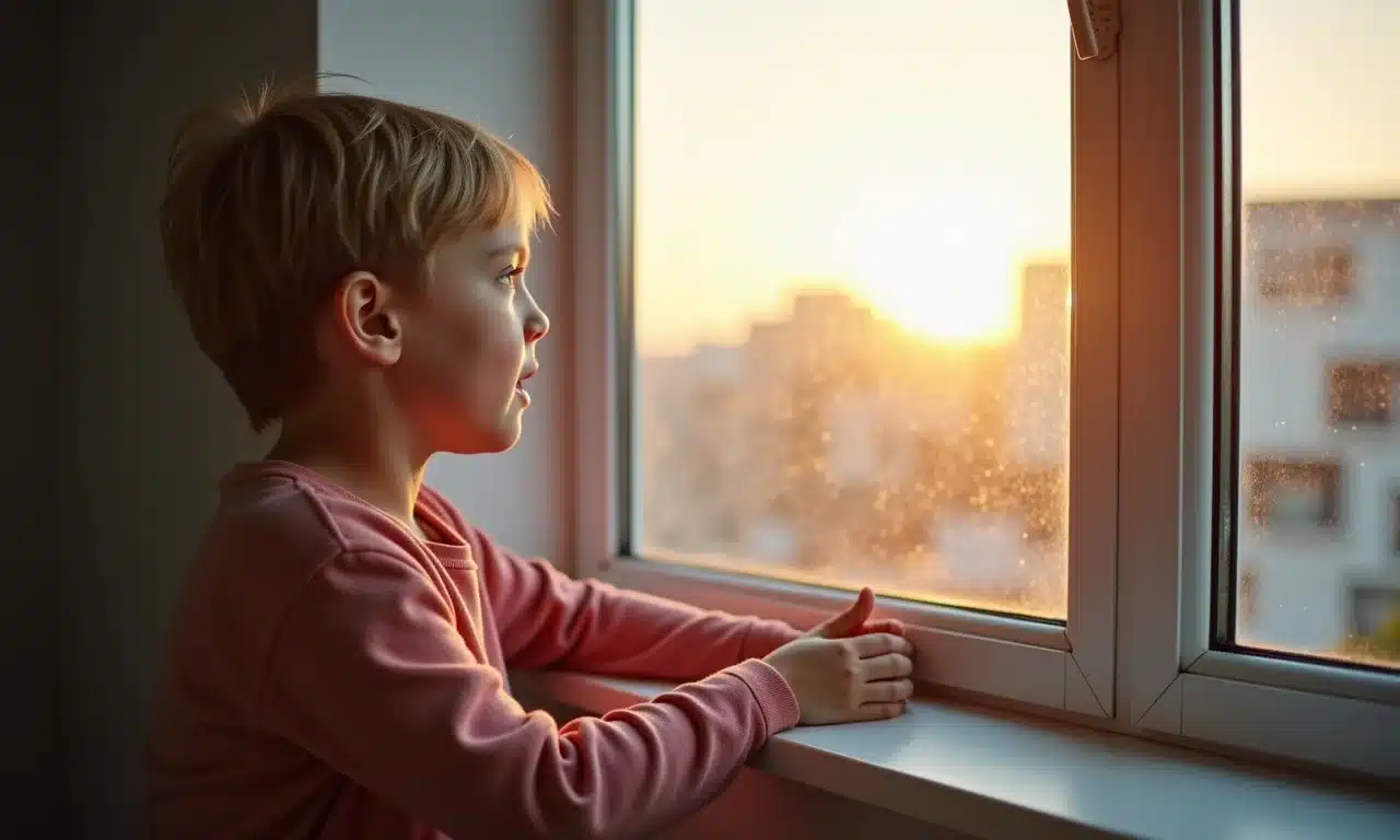 Pessoa com autismo olhando para a janela em um apartamento minimalista, foco na possível menor suscetibilidade ao bocejo.