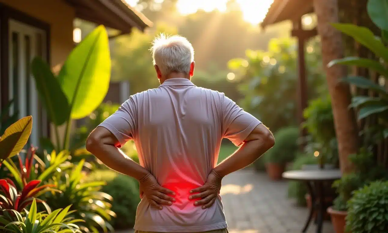 Pessoa com dores nas costas em um jardim ensolarado, indicando dores ósseas e musculares.