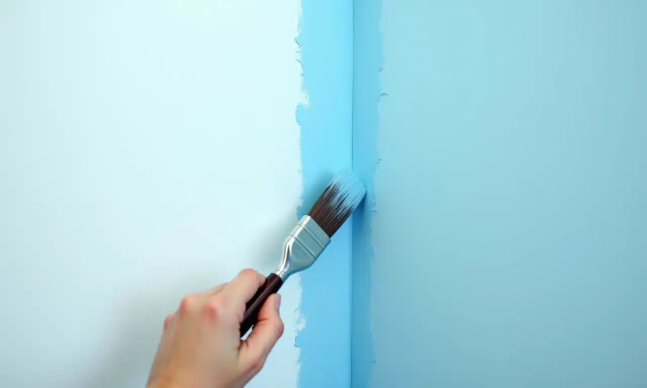 Pincel aplicando tinta azul no canto da parede.