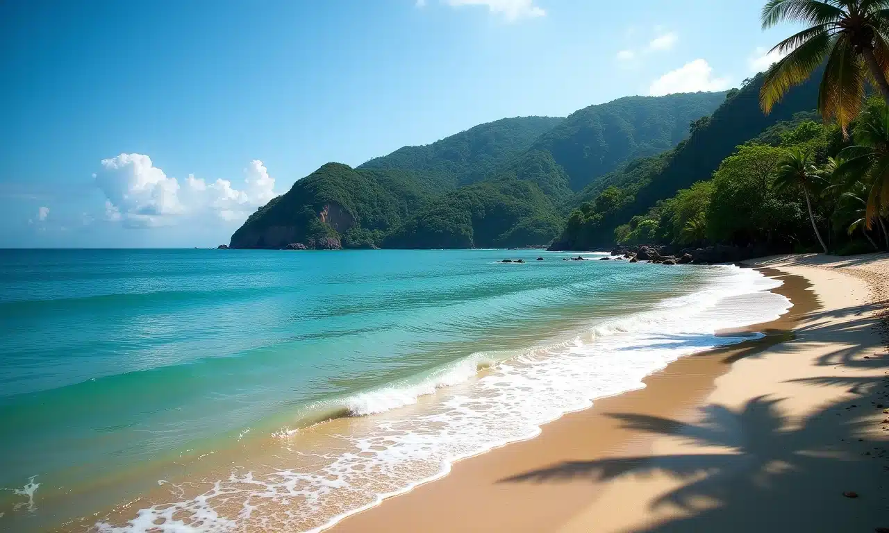 Praia da Fortaleza em Ubatuba cercada pela Mata Atlântica, com águas cristalinas e ondas calmas.