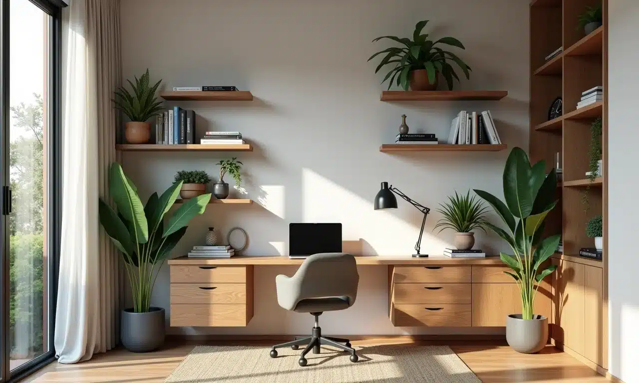 Prateleiras e nichos organizam um home office pequeno e charmoso.