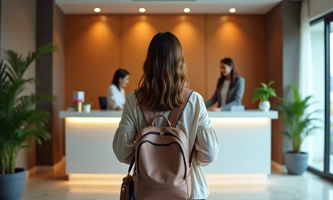 Recepção de hotel com viajante fazendo check-in.