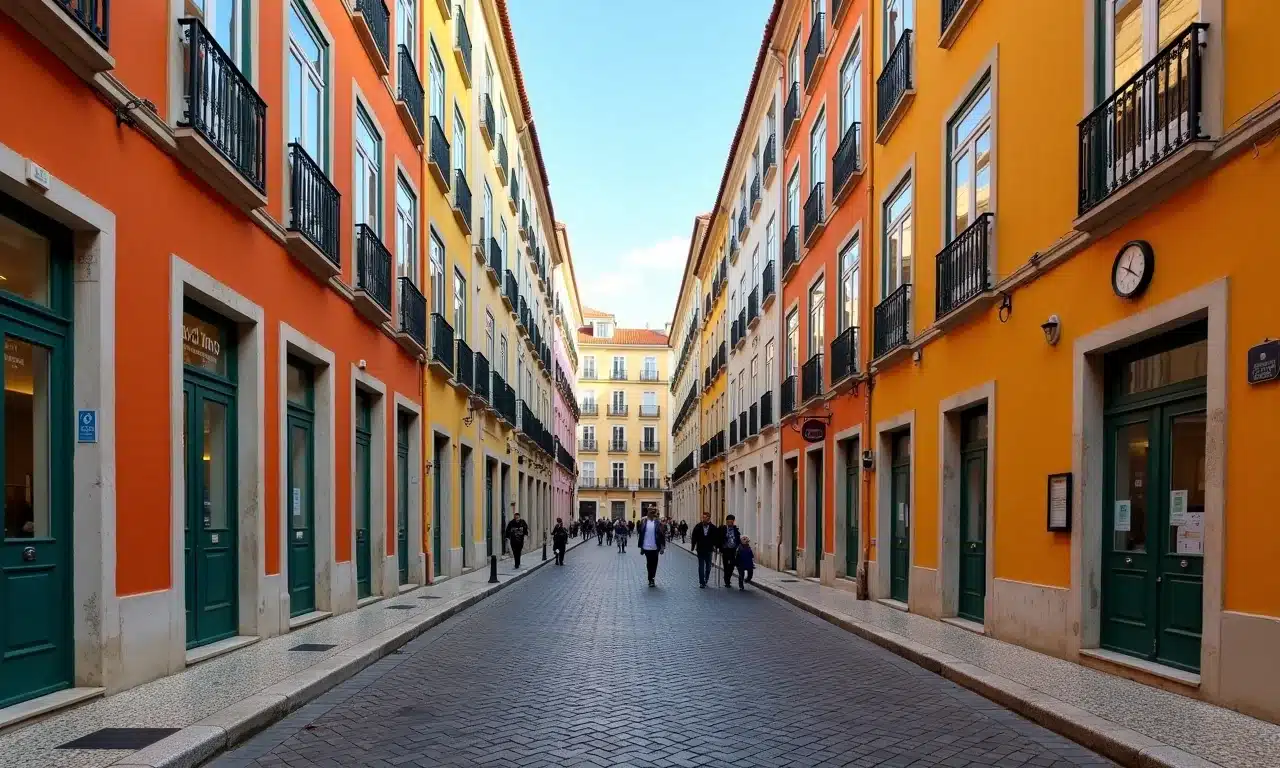 Rua movimentada na Baixa Pombalina, Lisboa, com edifícios coloridos e calçada portuguesa.