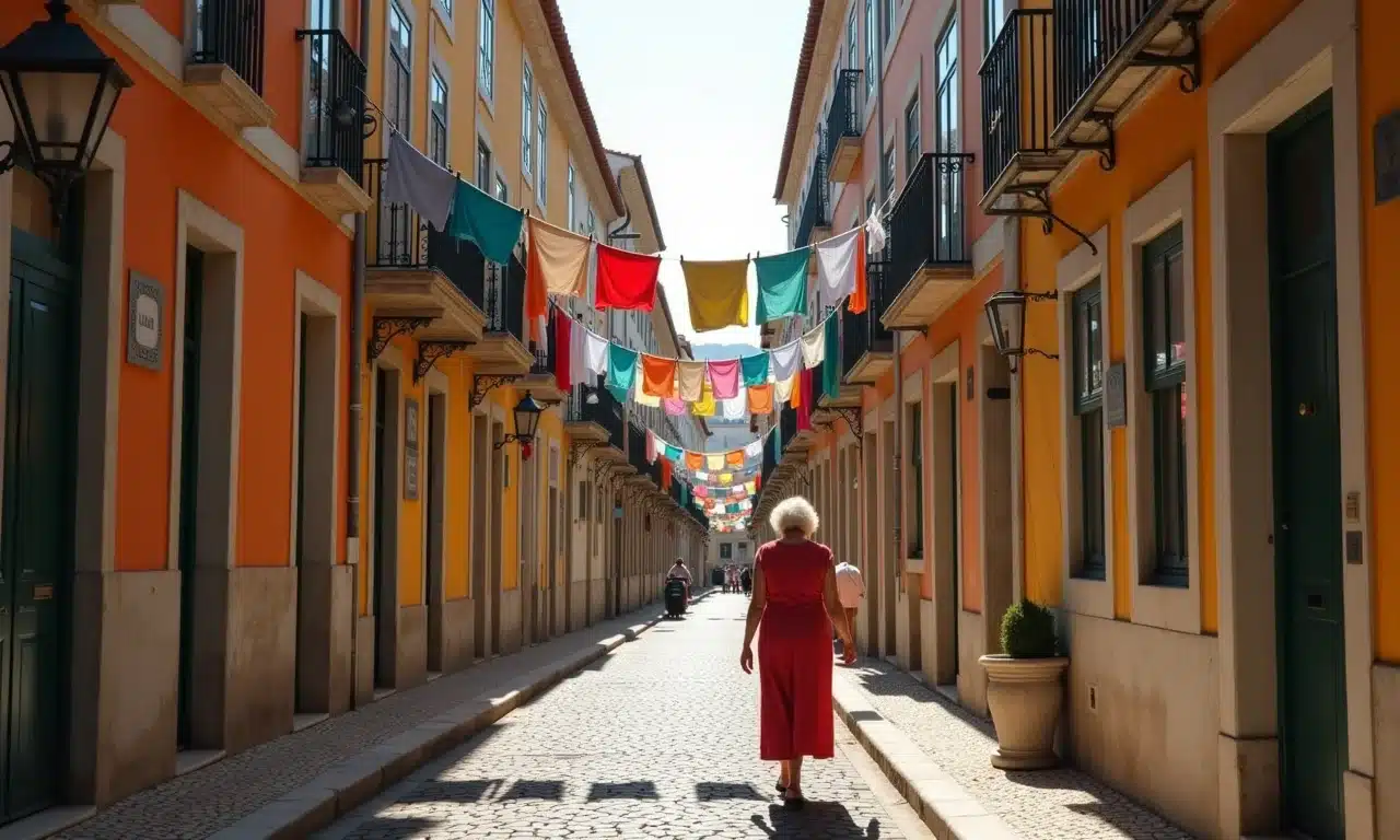 Ruelas charmosas de Alfama, Lisboa, com casas antigas e roupas penduradas nos varais.