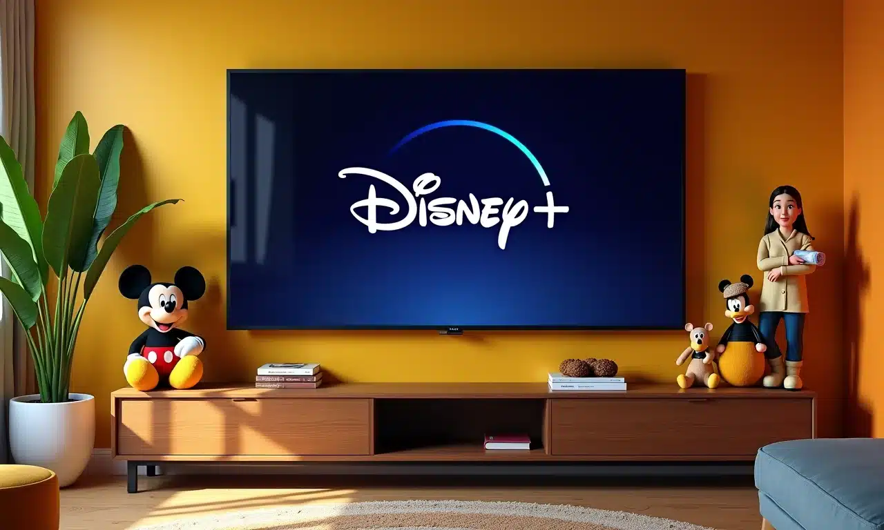Sala de estar com Disney+ na TV.