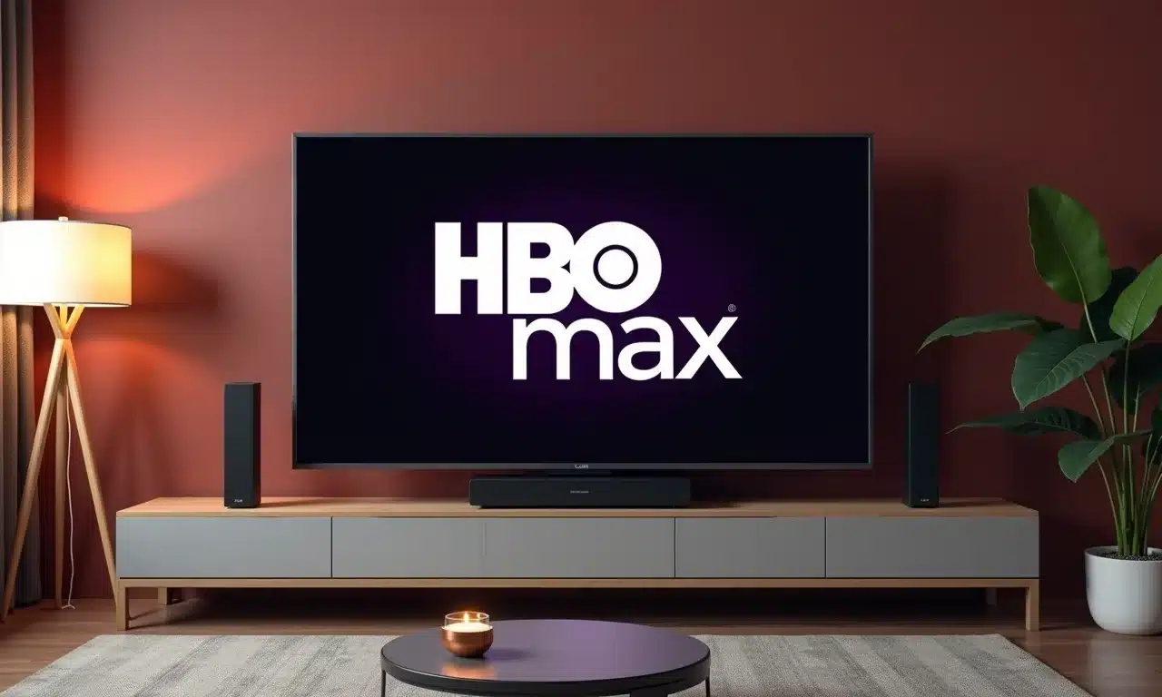 Sala moderna com HBO Max na televisão.