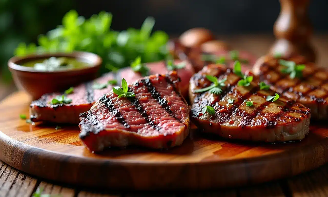 Seleção de carnes grelhadas, estilo churrasco brasileiro.