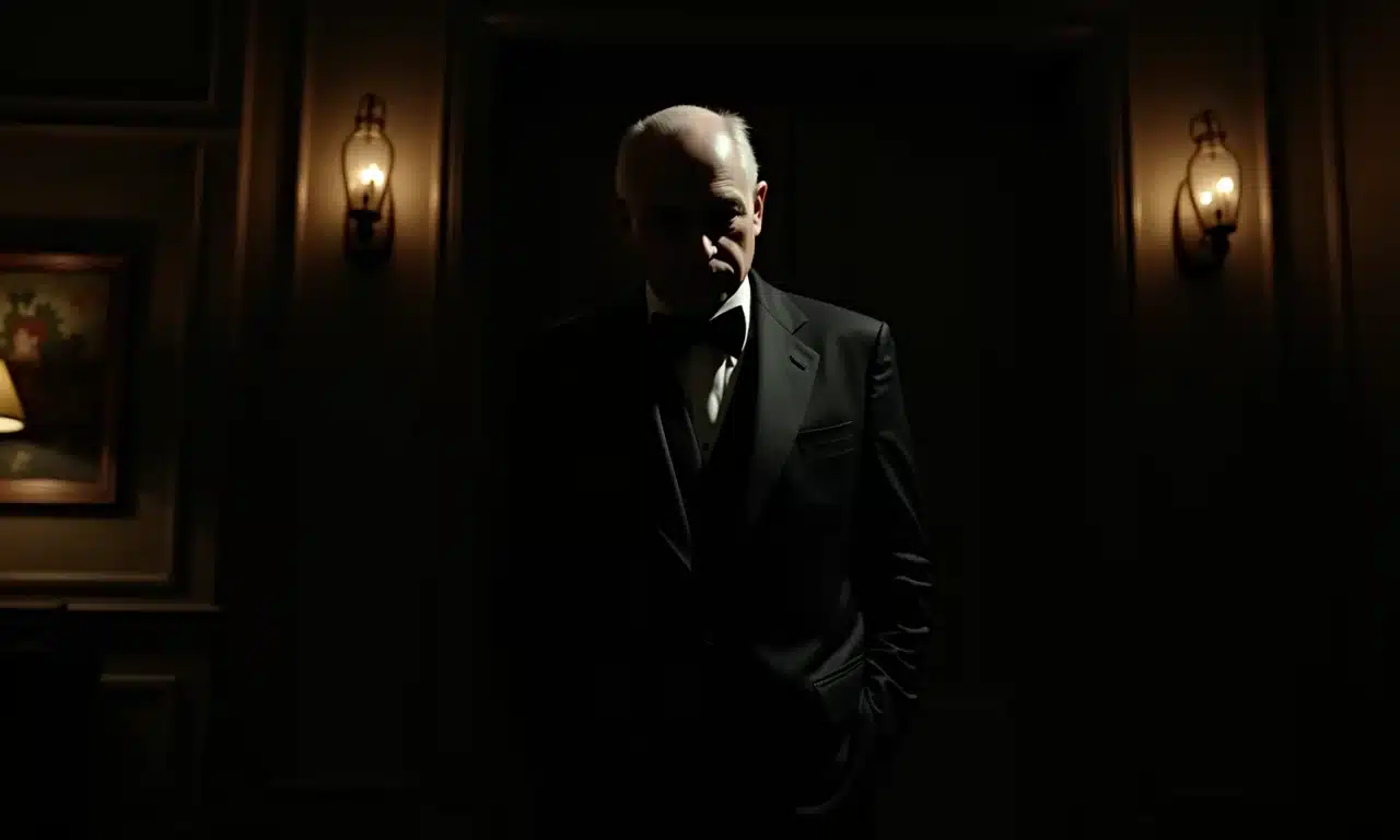 Silhueta de Robert Durst em um cenário luxuoso e sombrio, inspirado no documentário 'The Jinx'.