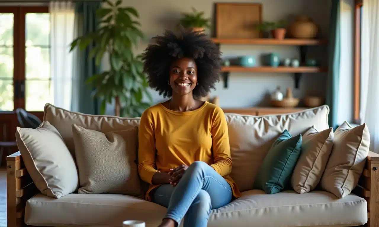 Sofá de paletes confortável em sala iluminada com mulher sorrindo.