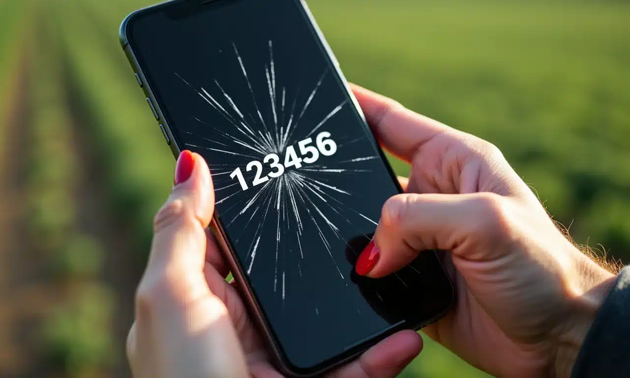Tela de smartphone rachada mostrando senha fraca '123456', mãos de mulher frustrada.