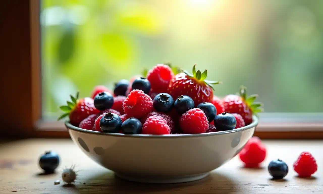Tigela com frutas vermelhas em um ambiente brasileiro ensolarado.