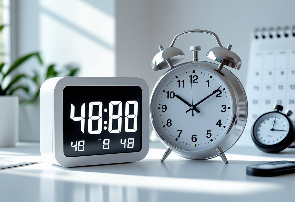 Relógio digital e relógio analógico lado a lado em uma mesa branca, mostrando a passagem de 48 horas.