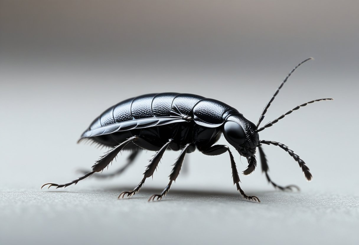Inseto preto pequeno que se parece com uma pulga em fundo neutro desfocado.