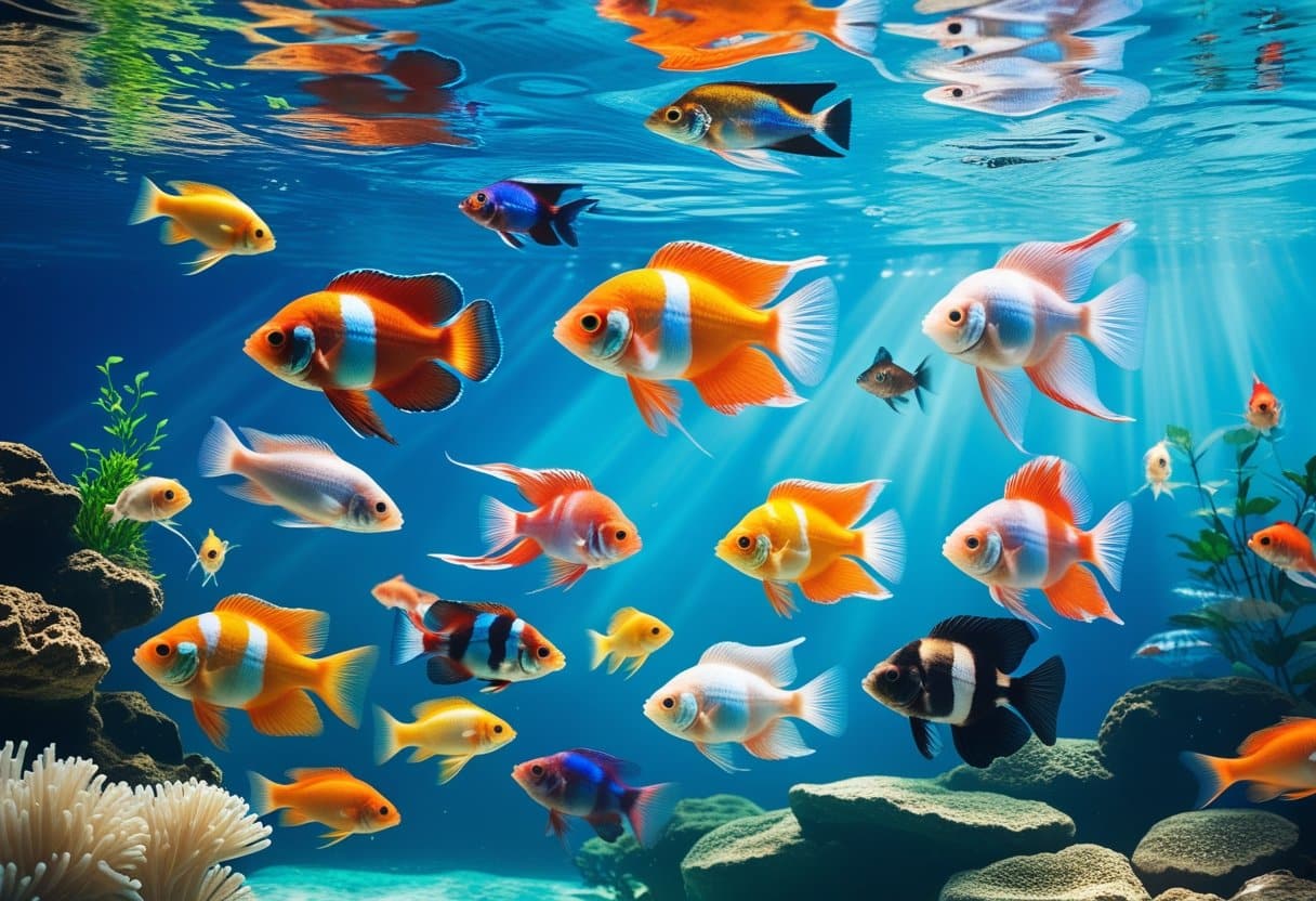 Peixes coloridos variados nadando em água clara com plantas aquáticas e corais ao fundo.