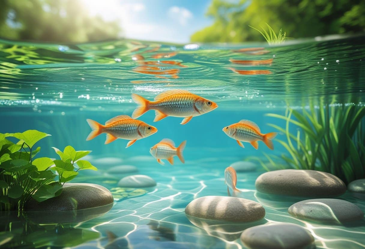 Peixes tilápia nadando em água clara de rio ou lago com plantas aquáticas verdes ao redor.