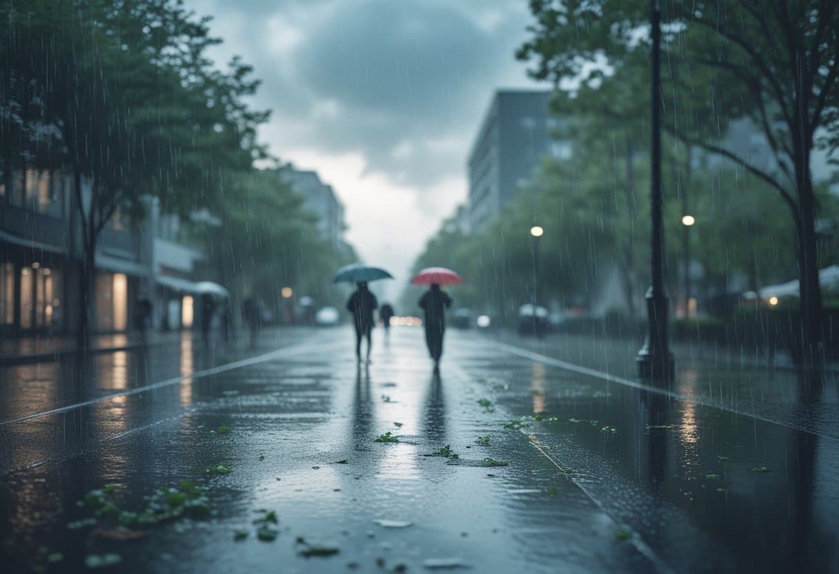 Rua urbana tranquila com chuva leve e esparsa, pessoas com guarda-chuvas e calçada molhada refletindo a luz do dia.