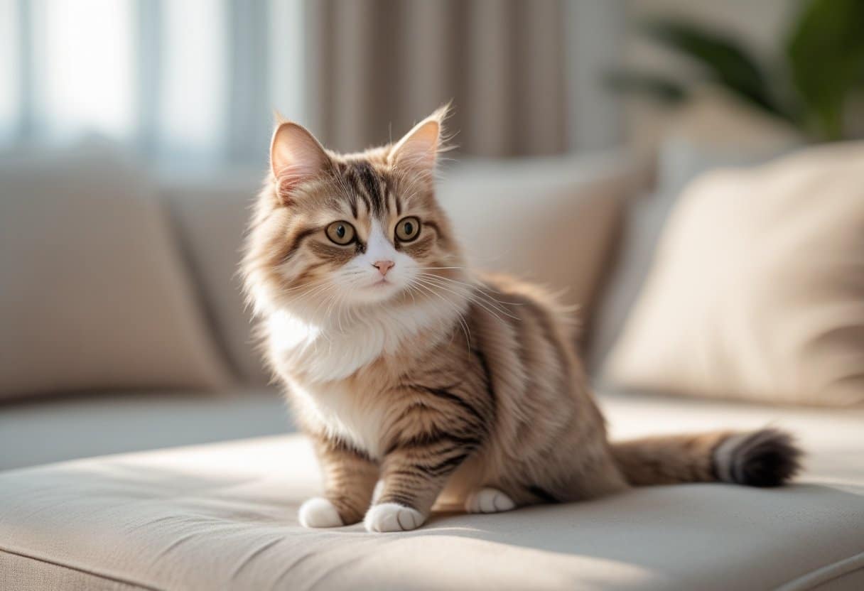 Gato Munchkin sentado em uma superfície clara, com pelagem marrom clara e branca, olhando para o lado em um ambiente interno iluminado.