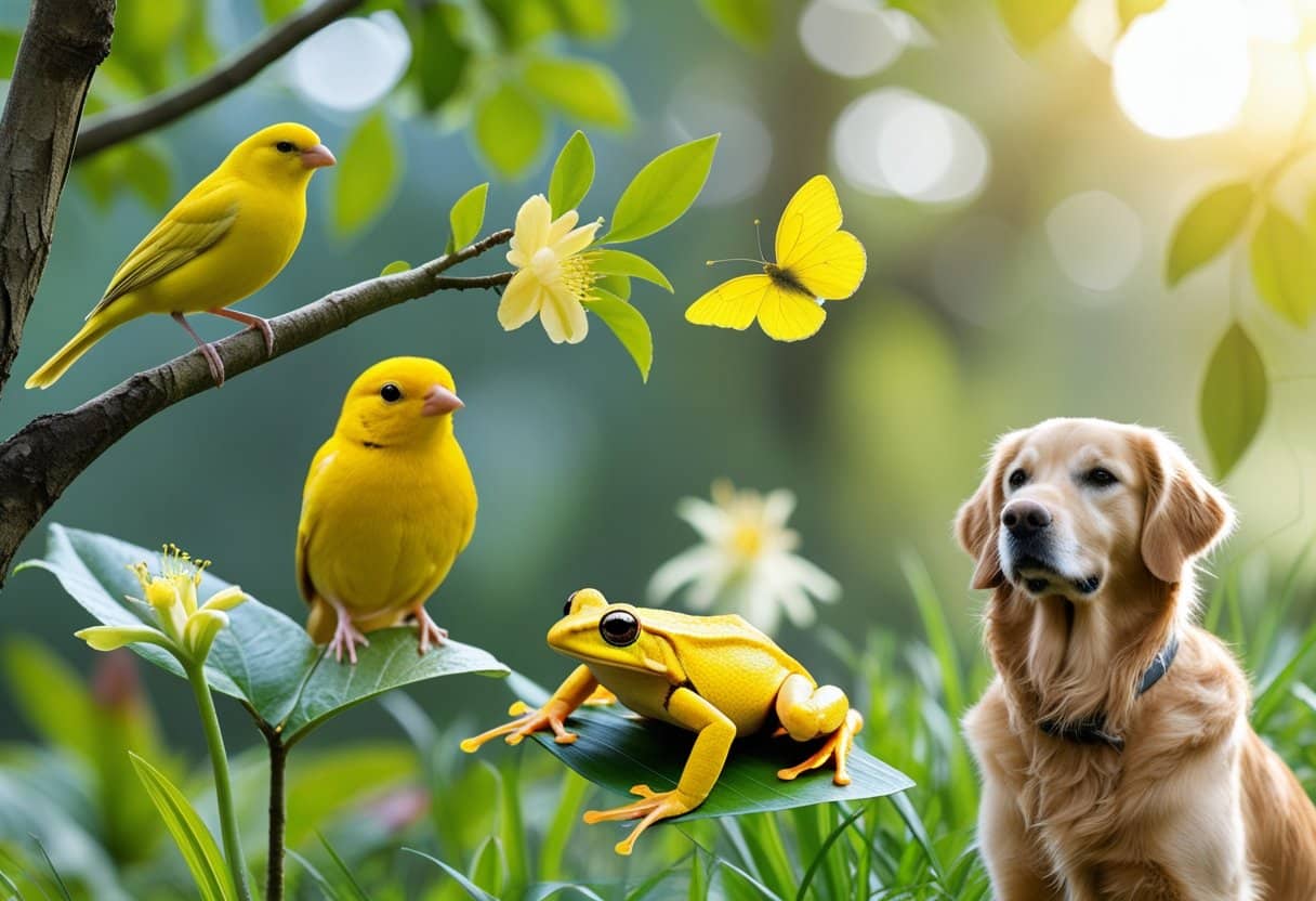 Vários animais amarelos em seus habitats naturais, incluindo um canário amarelo, uma borboleta amarela, um sapo venenoso amarelo e um cachorro golden retriever sentado na grama.