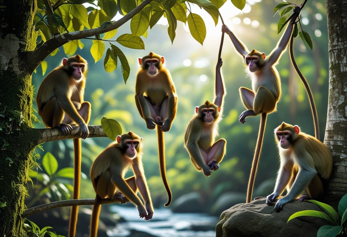 Vários tipos de macacos em seus habitats naturais na floresta tropical, incluindo macaco-prego, bugio, macaco-aranha, macaco-japonês e sagui.