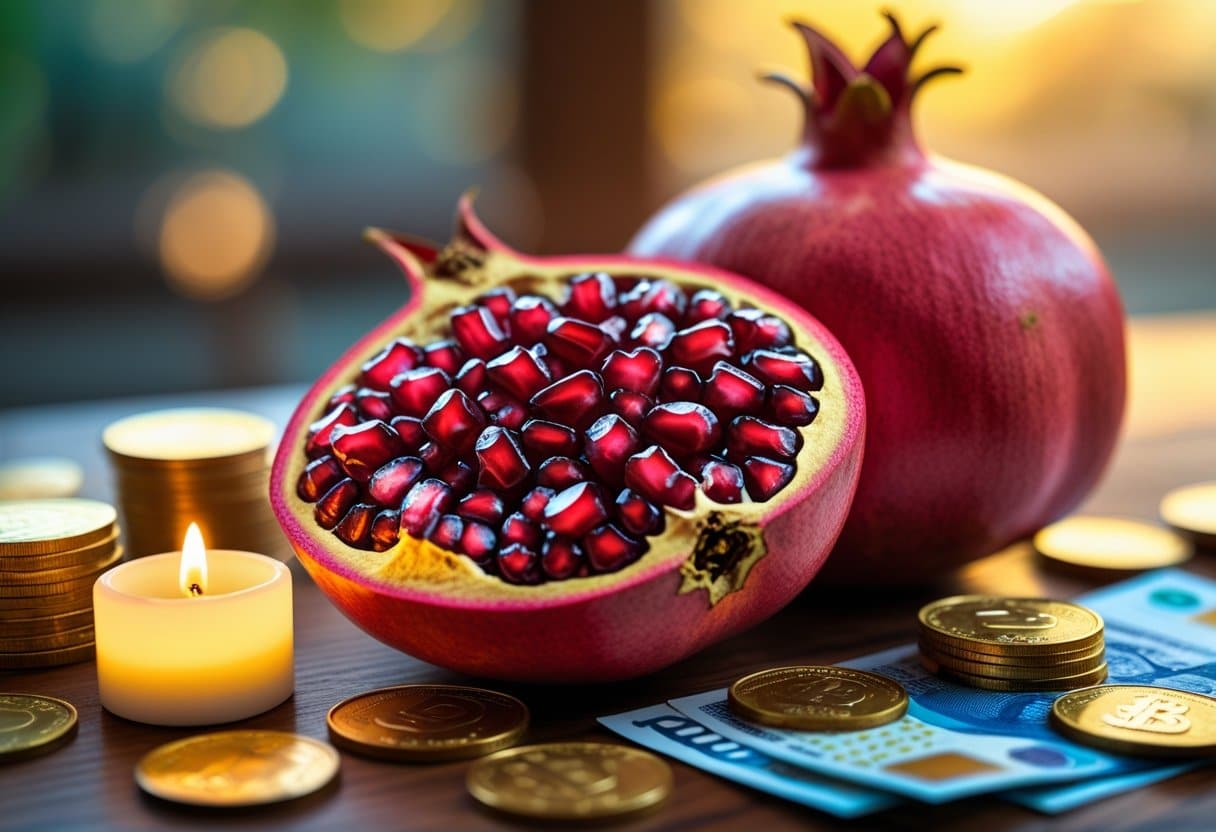 Romã cortada aberta mostrando sementes vermelhas brilhantes sobre uma mesa de madeira, cercada por moedas de ouro, cédulas de dinheiro e uma vela acesa.
