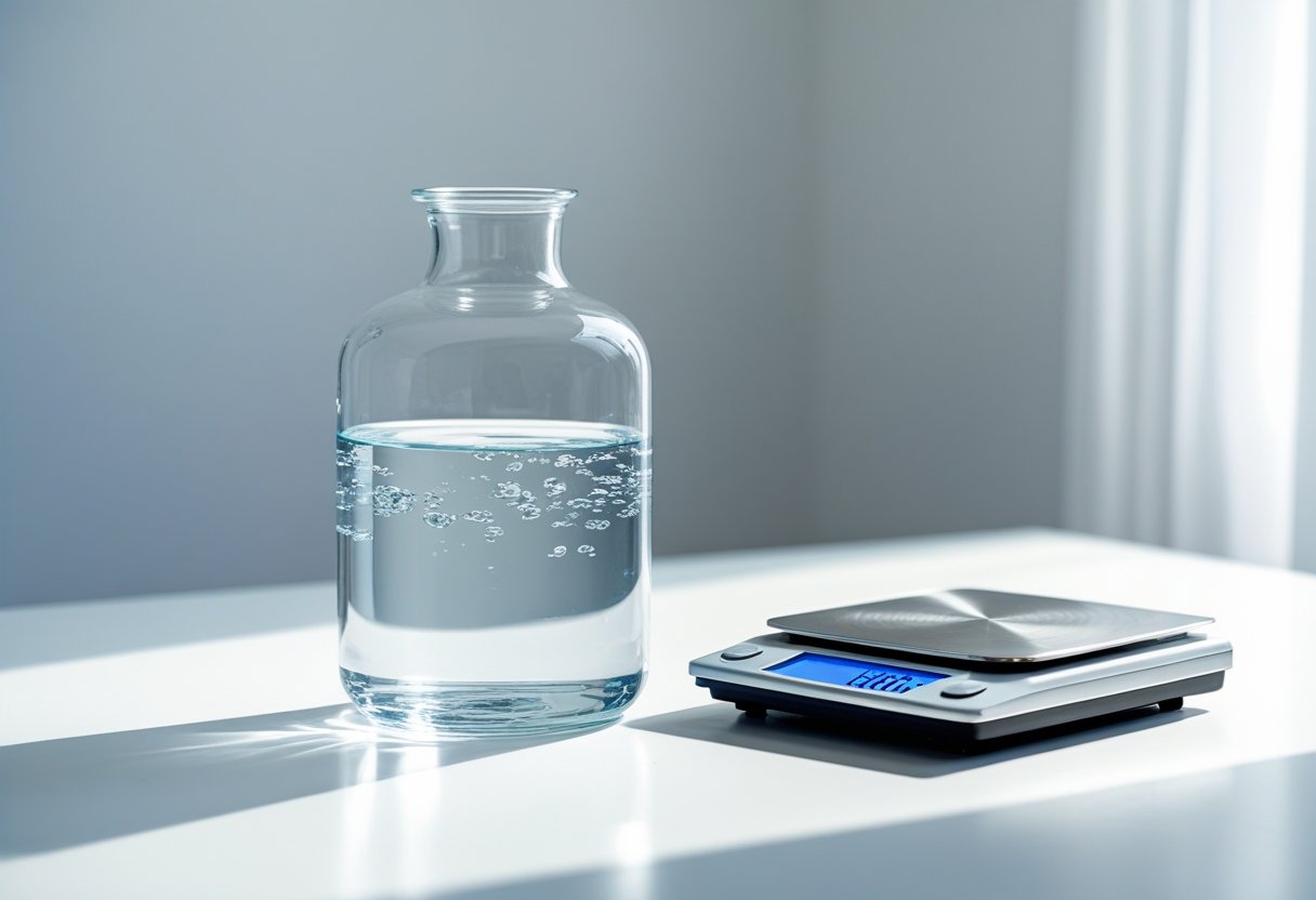 Um recipiente de vidro transparente com um litro de água sobre uma balança digital que mostra o peso da água.