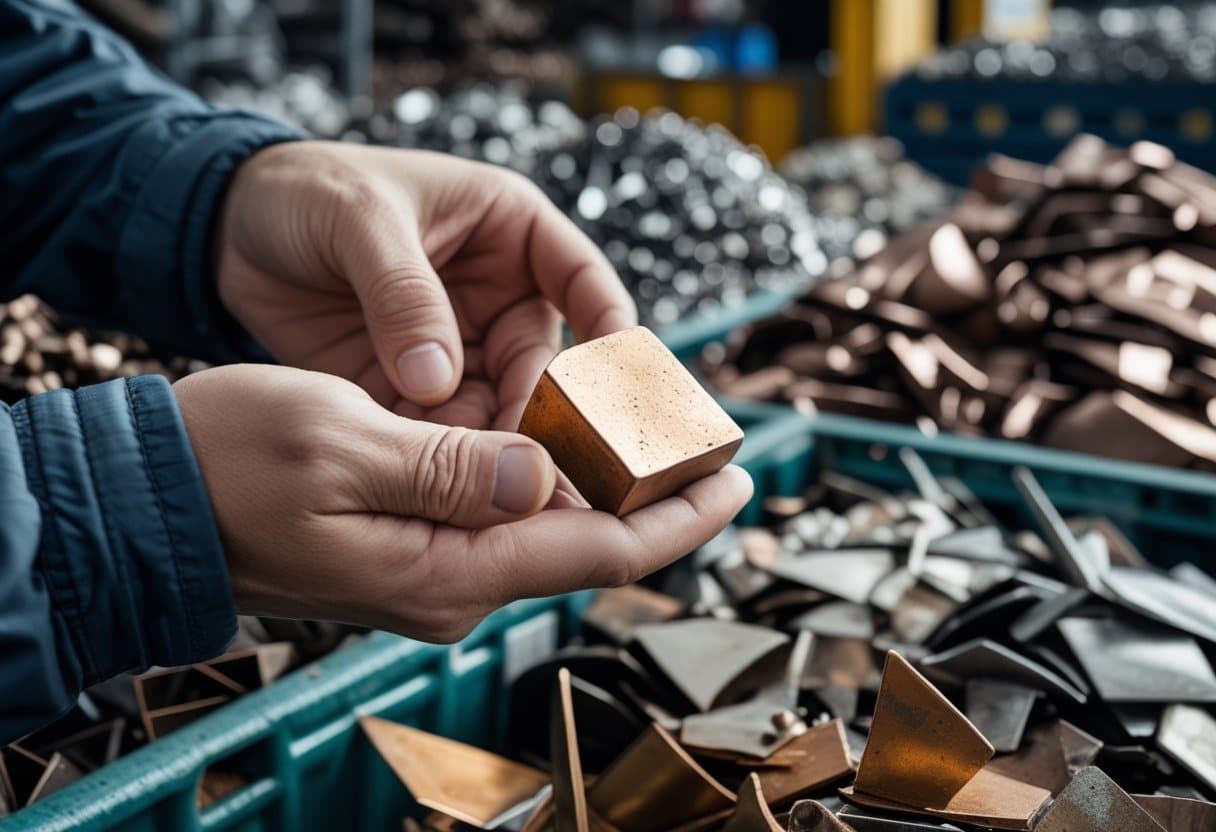 Pessoa segurando um pedaço de bronze em um mercado de sucata metálica.