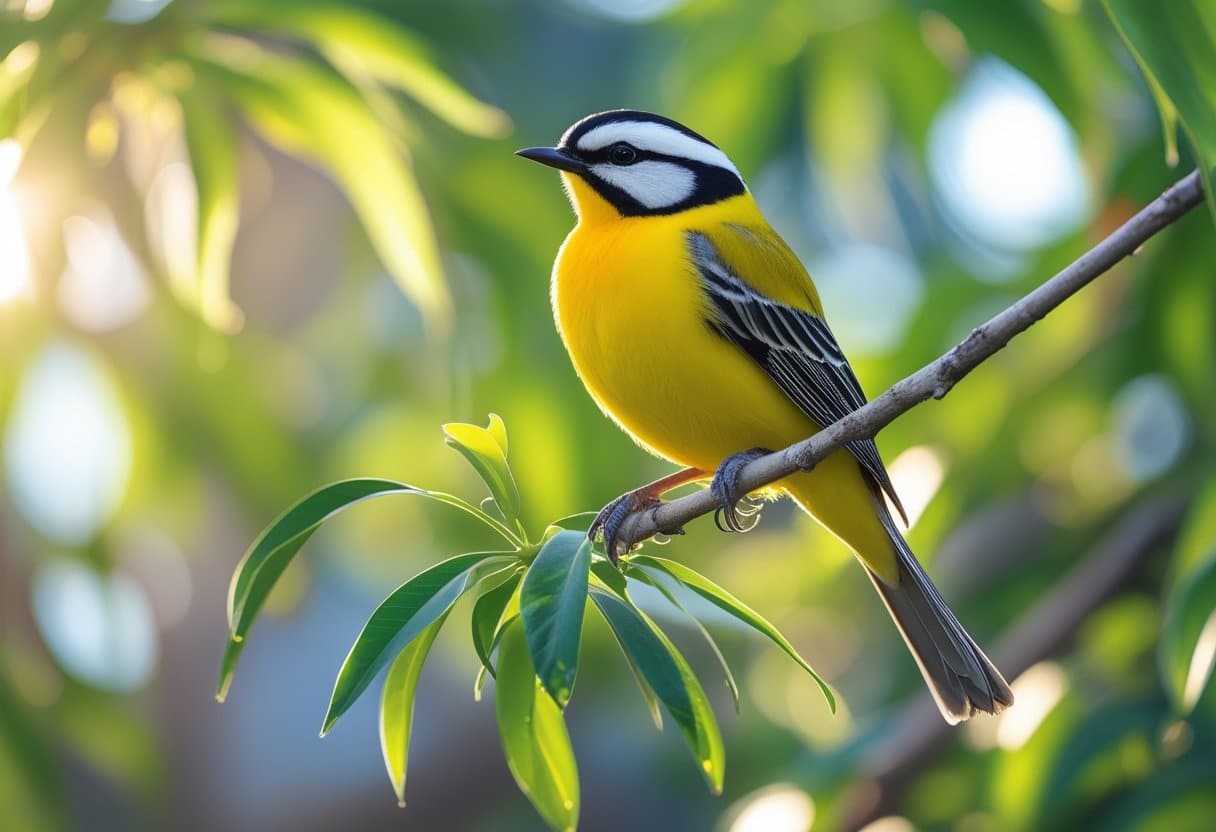 Um pássaro bem-te-vi colorido pousado em um galho cercado por folhas verdes, em um ambiente natural e tranquilo.