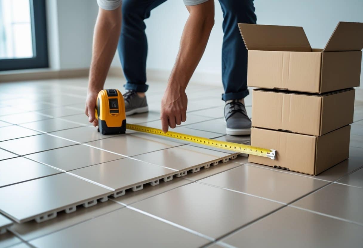 Mãos medindo o piso de cerâmica com uma fita métrica próximo a caixas de cerâmica empilhadas.