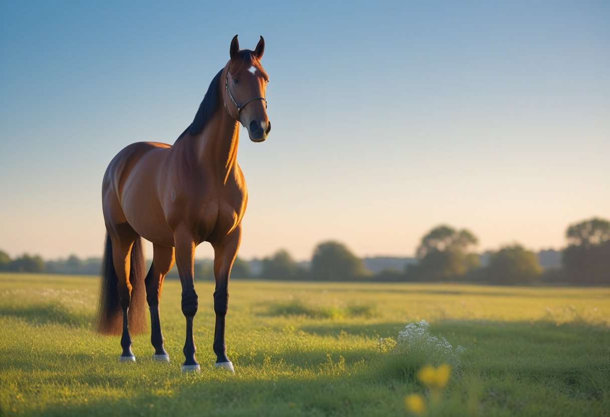 Cavalo majestoso em um campo aberto iluminado pelo sol ao entardecer.