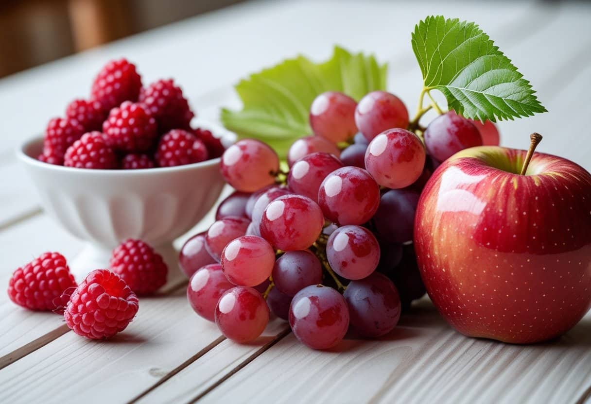 Uma tigela branca com framboesas vermelhas, uvas vermelhas em um cacho e uma maçã vermelha sobre uma mesa de madeira clara.