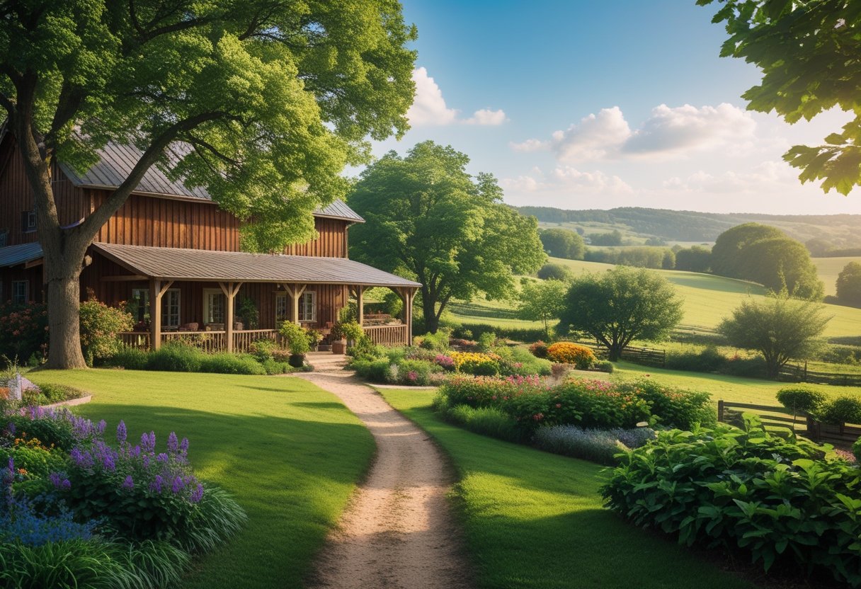 Uma paisagem rural tranquila com uma casa de fazenda rústica cercada por árvores, flores coloridas e um caminho de terra que atravessa o terreno.