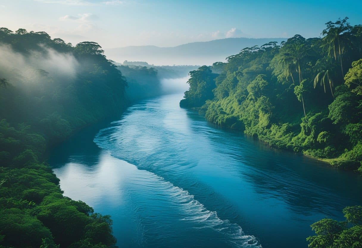 Rio Congo profundo cercado por floresta tropical densa com águas azuis e céu claro.