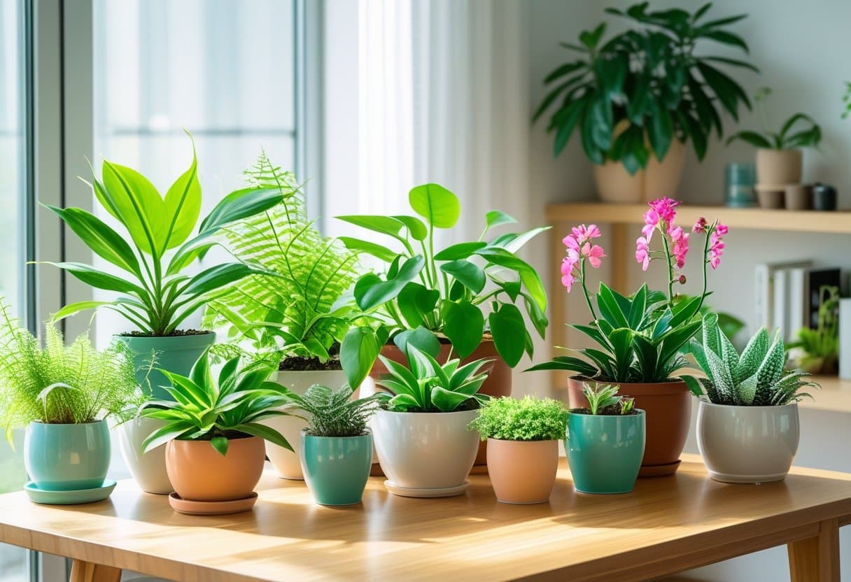 Várias plantas saudáveis em vasos sobre uma mesa de madeira em um ambiente interno iluminado pela luz natural.
