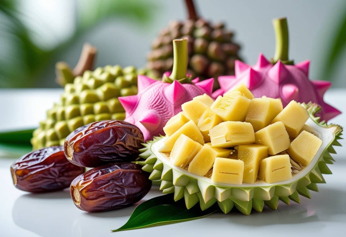 Diversas frutas começando com a letra D, incluindo tâmaras, frutas do dragão e pedaços de durião, dispostas sobre uma superfície branca.
