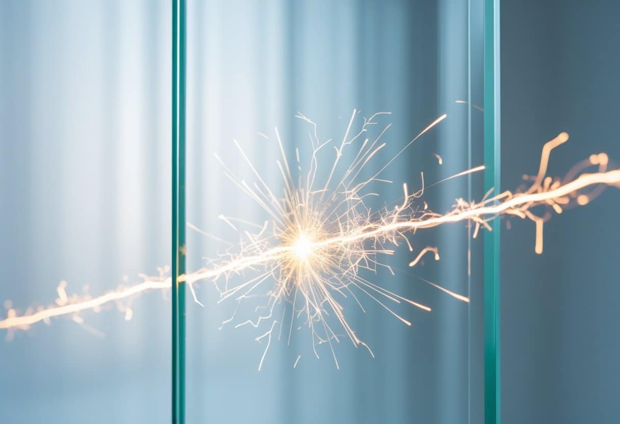 Painel de vidro transparente com correntes elétricas visíveis fluindo pela superfície.
