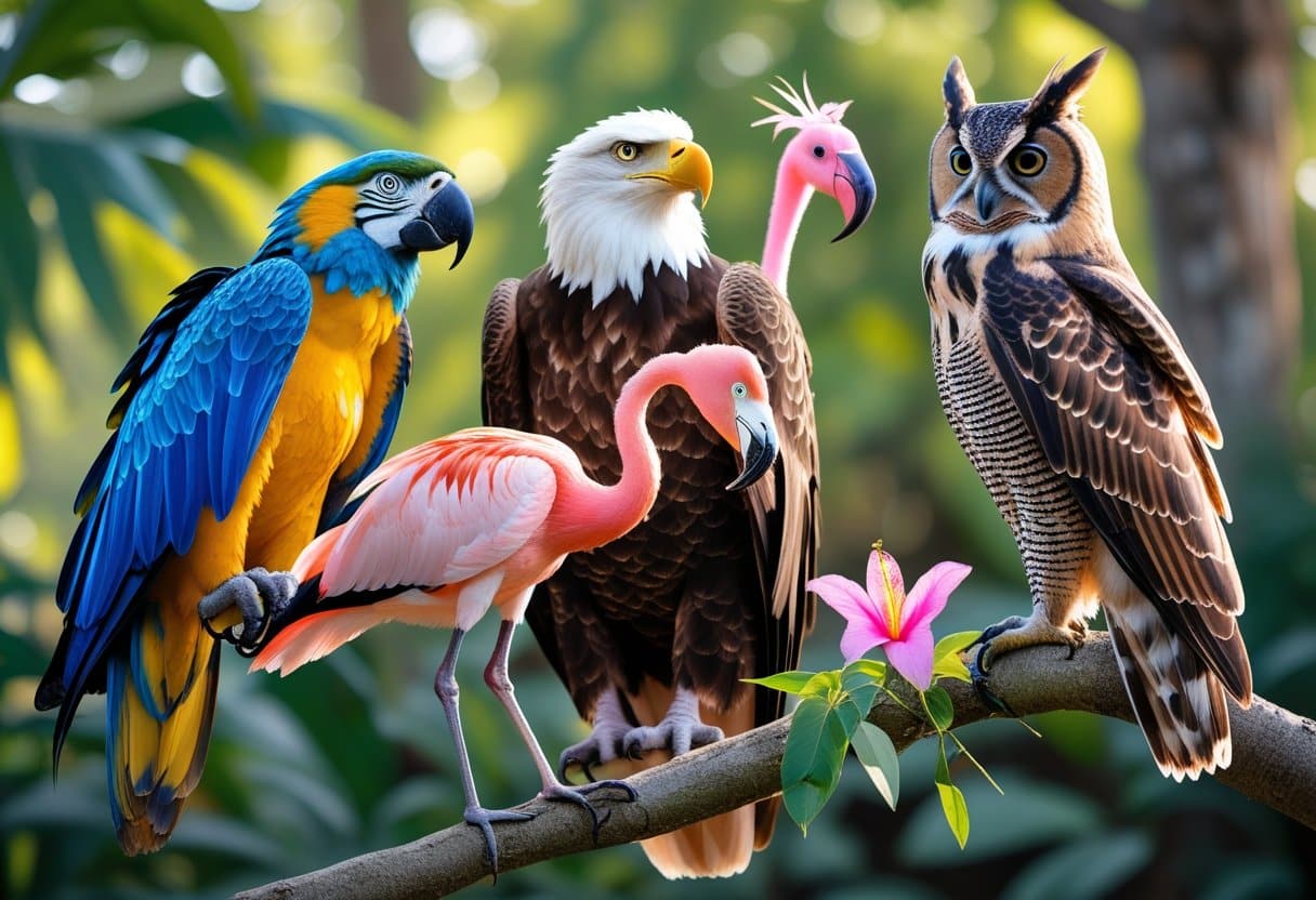 Vários pássaros famosos como arara, águia, flamingo, beija-flor e coruja em um ambiente natural com árvores e luz do sol.