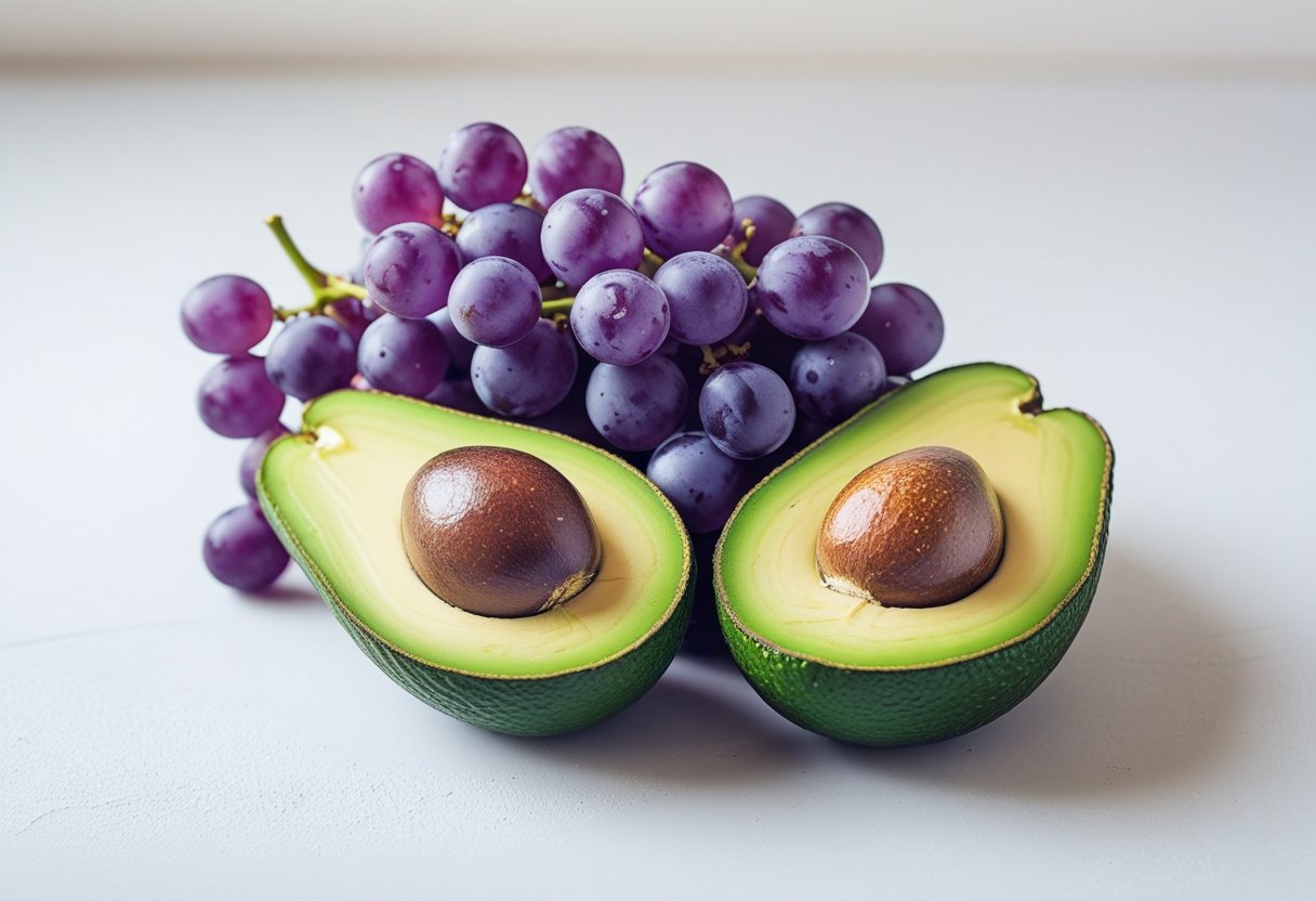 Fruta fresca e vibrante começando com a letra V, como uvas roxas ou um abacate cortado ao meio, sobre fundo branco.