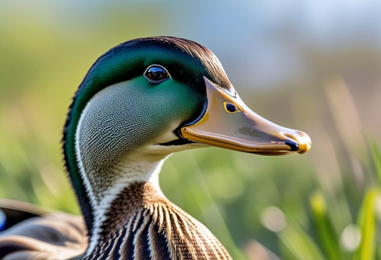 Um pato em close mostrando detalhes do bico e da cabeça em um ambiente natural.