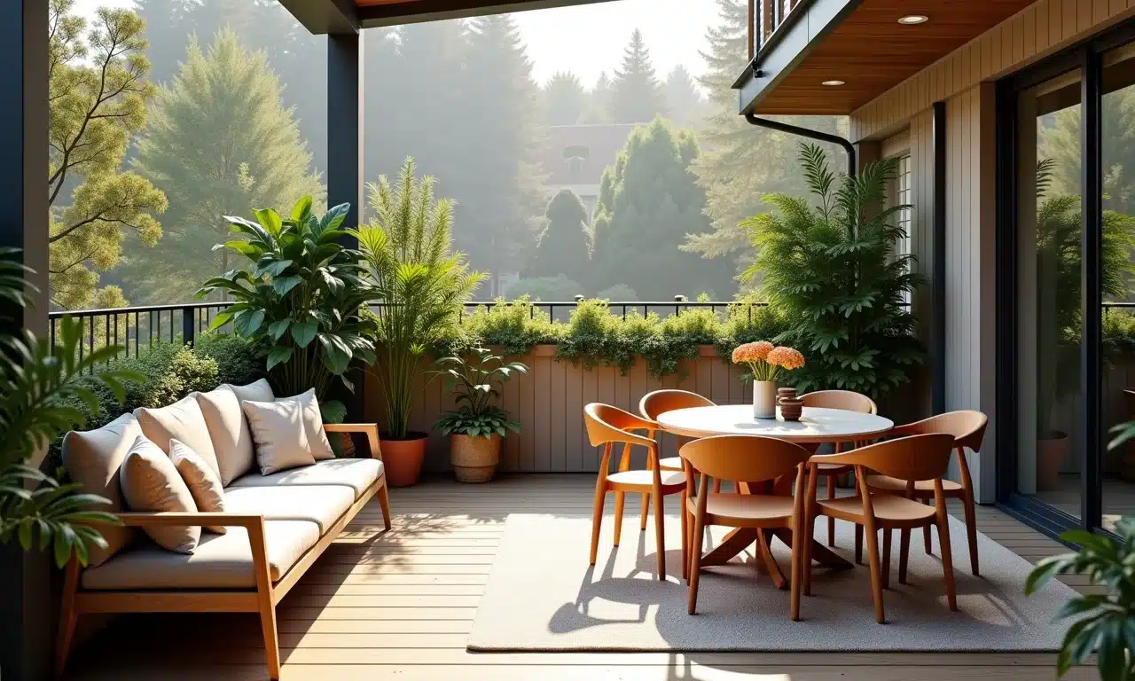 Varanda gourmet pequena com planejamento inteligente do espaço e móveis modulares.