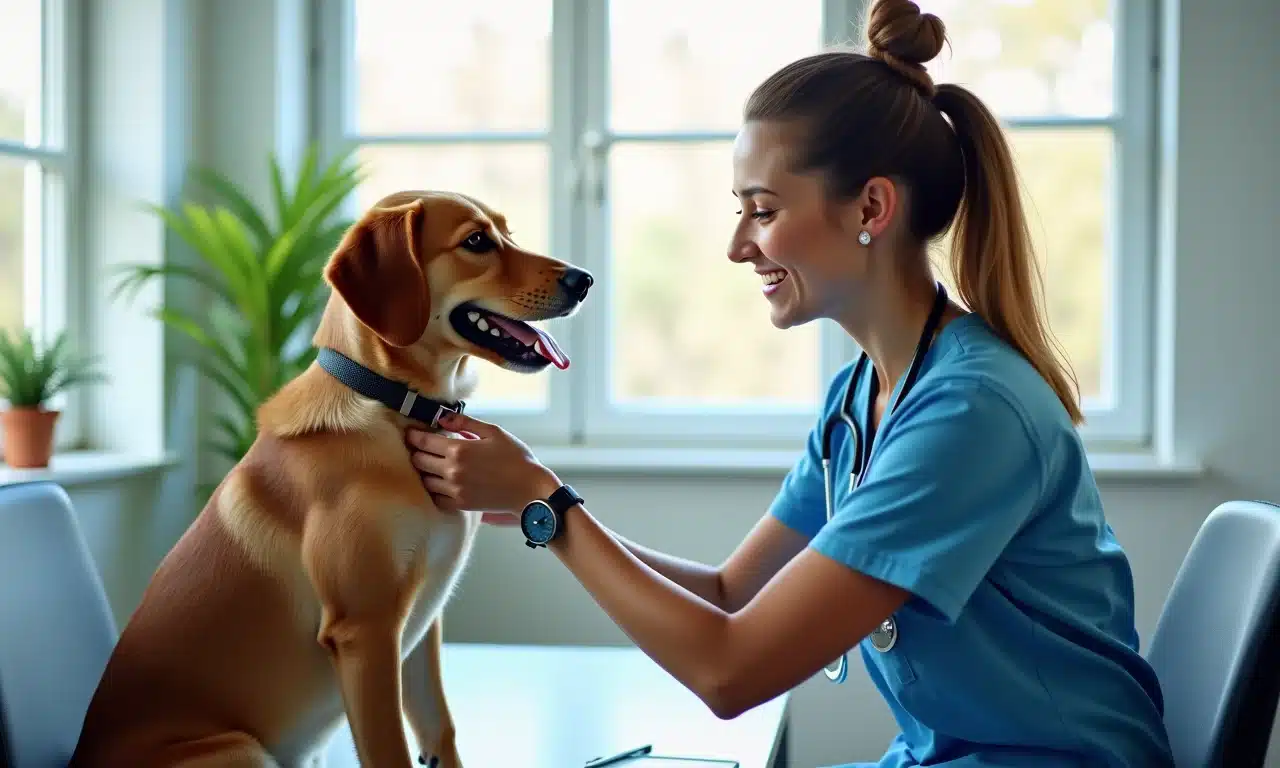Veterinário examinando cachorro feliz durante consulta para viagem.