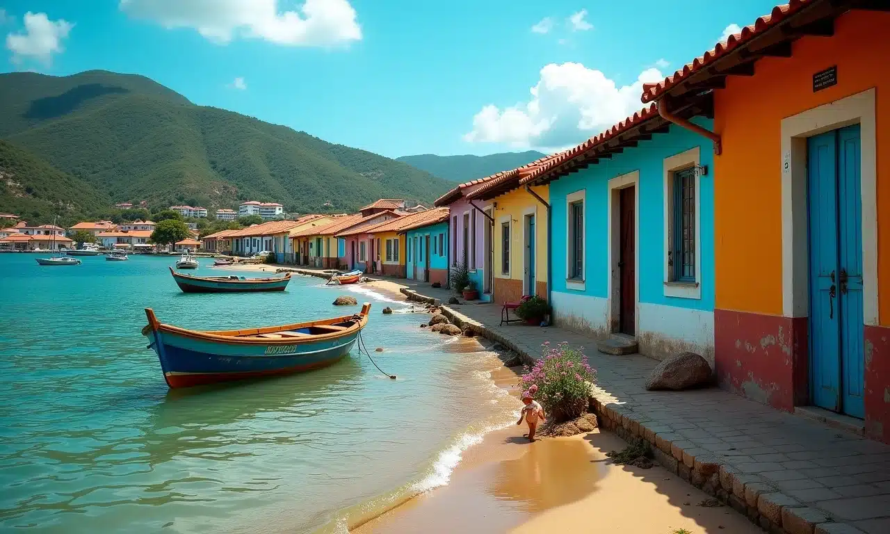 Vila Caiçara preservada na Praia do Bonete em Ilhabela, com casas coloridas e barcos de pesca.