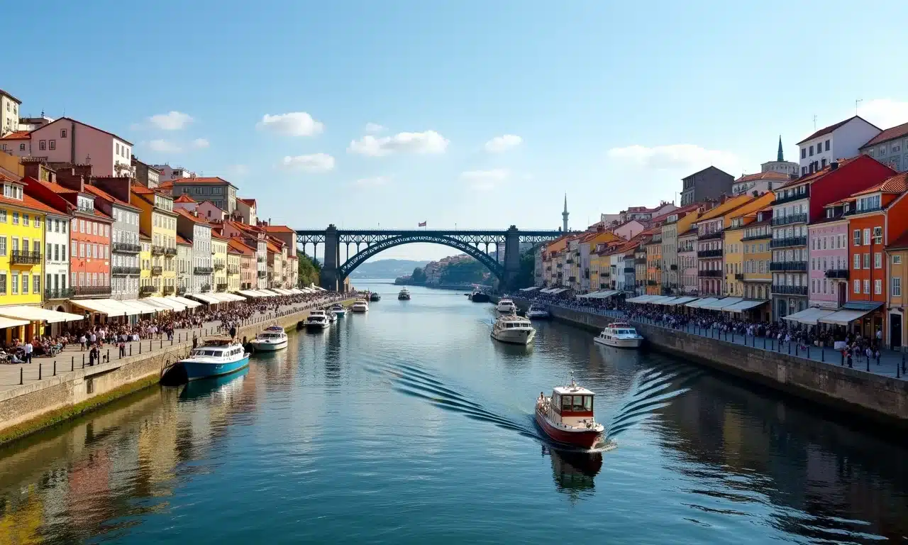 Vista da Ribeira, Porto, com edifícios coloridos e a Ponte Dom Luís I.