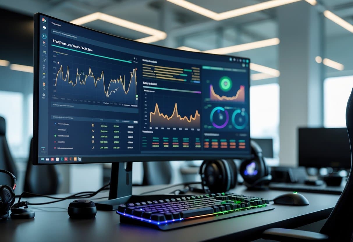 Um espaço de trabalho moderno com um monitor exibindo dados e estatísticas de jogos, com acessórios de jogos eletrônicos em uma mesa organizada.