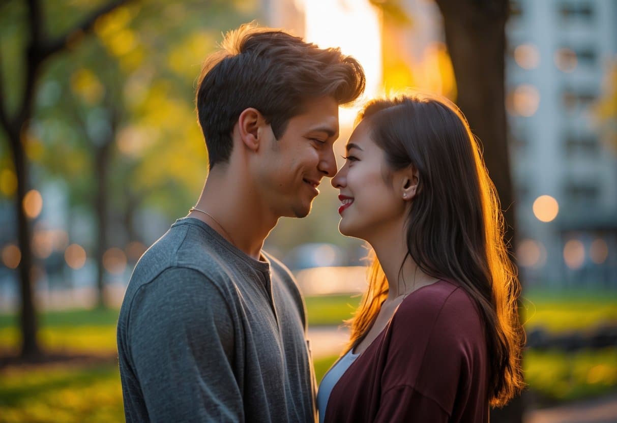 Um jovem casal se abraça em um parque urbano iluminado pela luz dourada do entardecer.