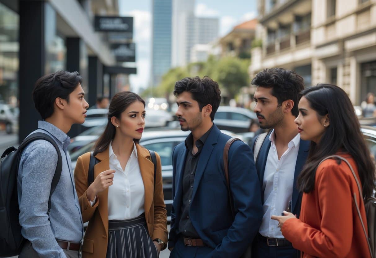Jovens adultos conversando seriamente em um ambiente urbano com carros de luxo e prédios elegantes ao fundo.