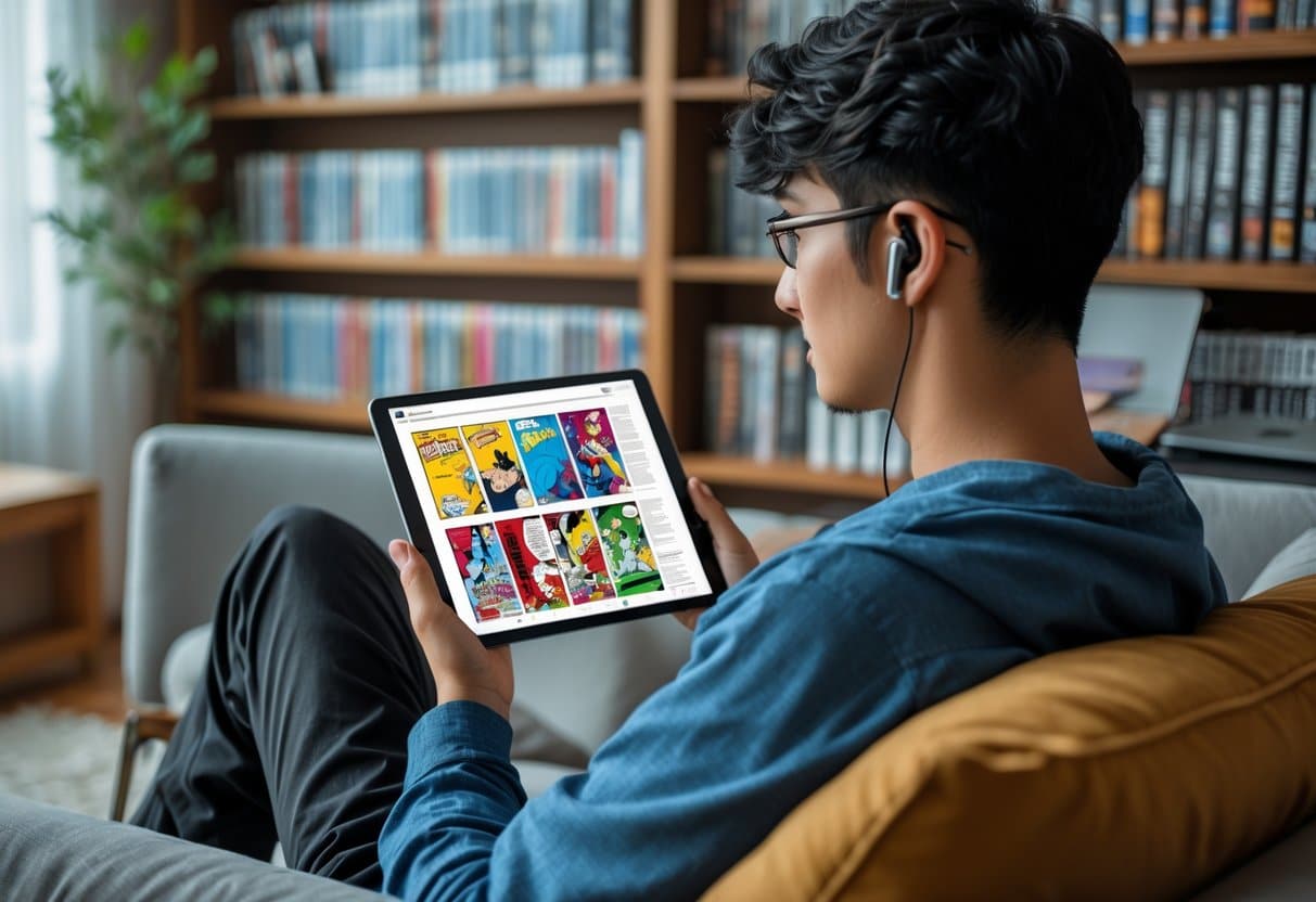Pessoa jovem lendo mangá digitalmente em um tablet em um ambiente confortável com prateleiras de mangás ao fundo.