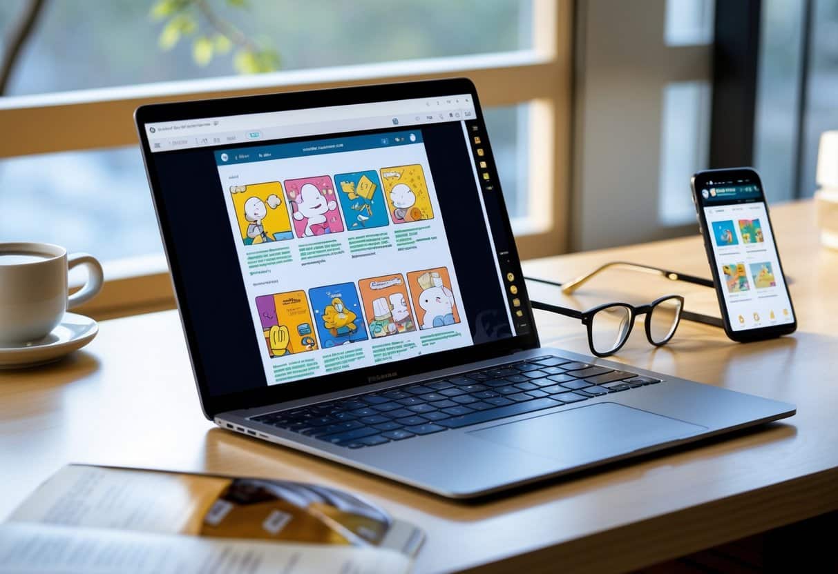 Mesa de trabalho moderna com laptop e smartphone mostrando páginas de quadrinhos digitais, com uma xícara de café e óculos ao lado.